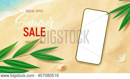 Summer Sale Ad Banner Template. Flatlay Banner With Smartphone On Sandy Beach With Tropical Leaves A