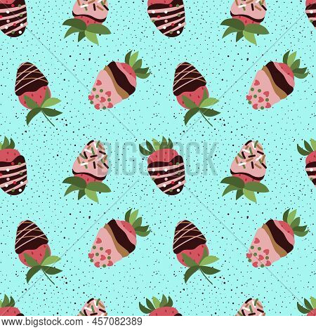 Strawberry In Chocolate, Glaze, Sprinkle On Blue Background. Seamless Repeat Pattern. Vector, Flat