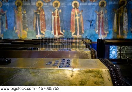 Moscow - Jun 2, 2021: Inside Archangel Cathedral In Moscow Kremlin, Russia. Tomb Of Russian Tsar Ale