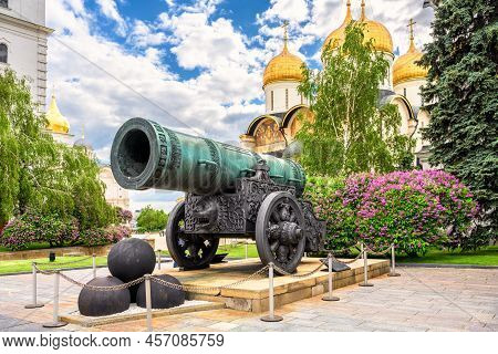 Moscow Kremlin Sightseeing, Russia. Tsar Cannon And Old Russian Orthodox Cathedrals, Tourist Attract
