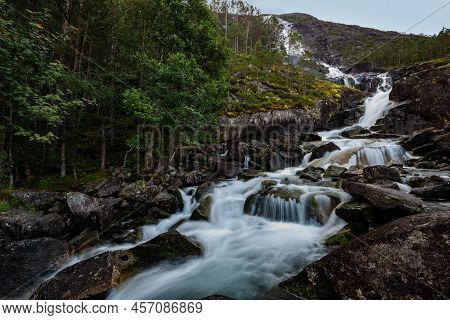 Langfossen Waterfall  Norway Route E134 Akrafjorden, Scandinavian Landscape