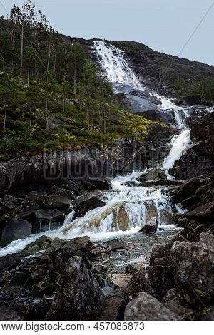 Langfossen Waterfall  Norway Route E134 Akrafjorden, Scandinavian Landscape