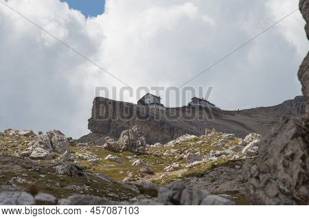 Italy, Dolomites - August 31 2016: The View Of Mountain Hut Rifugio Lagazuoi At The Summit Of Mt. La