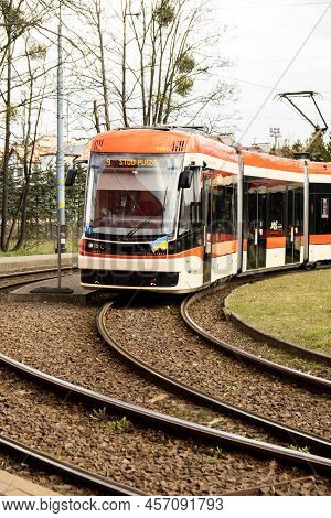 Gdansk Poland - May 2022 Public Transport Scene In Gdansk. Tram Arrives At The Tram Stop. Transport 