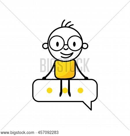 Businessman Sitting On Speech Bubble On White Background. Hand Drawn Doodle Man. Vector Stock Illust