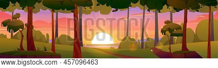 Cartoon Nature Landscape, Summer Evening Forest Panoramic Background With Narrow Road Going Along Gr