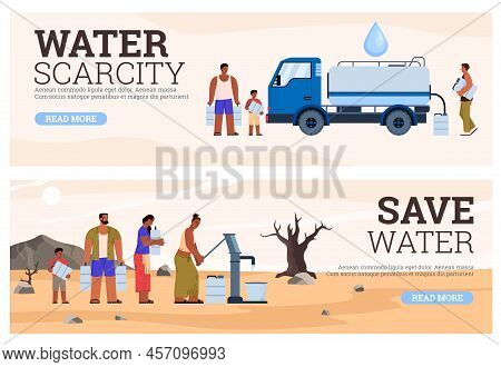 Water Scarcity Web Banners Set, People In Queue Waiting For Drinking Water, Flat Vector Illustration