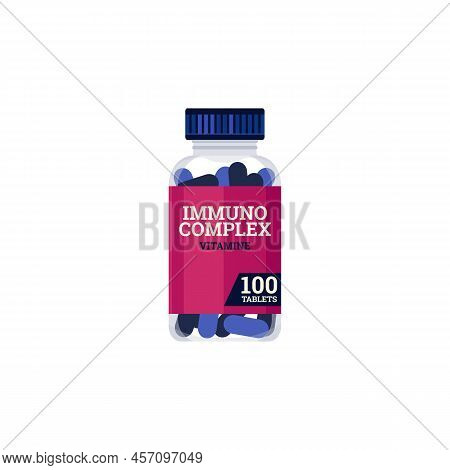 Immuno Complex Supplement In Glass Bottle, Flat Vector Illustration Isolated.