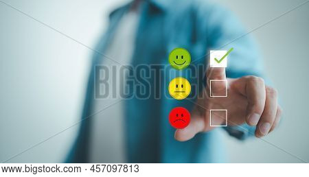 Man Choosing Green Happy Smile Face Icon. Feedback Rating And Positive Customer Review Experience, S