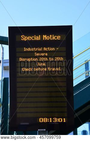 Prestatyn, Uk. Jun 22, 2022. A Dot Matrix Display Advises Travellers About Train Cancellations Due T
