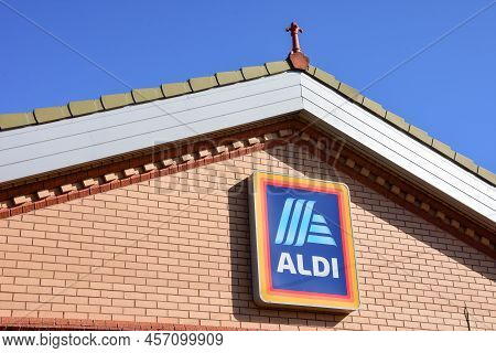 Prestatyn, Uk. Jun 22, 2022. A Sign With The Company Logo On An Aldi Supermarket In Prestatyn