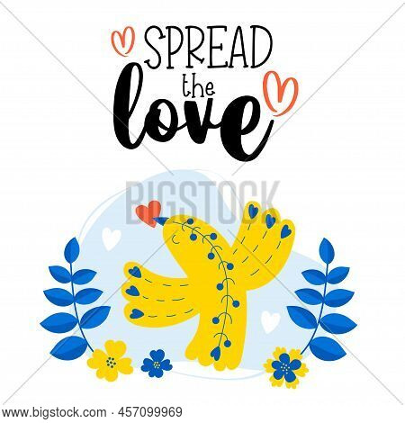 Postcard Spread Love. Decorative Blue-yellow Bird With Red Heart In Its Beak On Background Of Flower