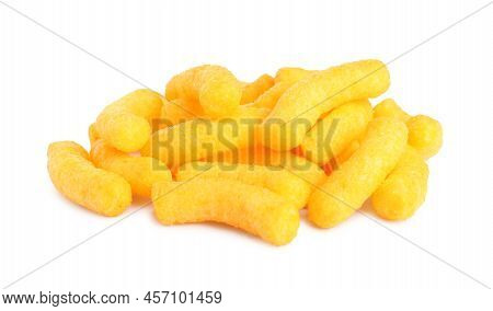 Many Tasty Cheesy Corn Puffs Isolated On White