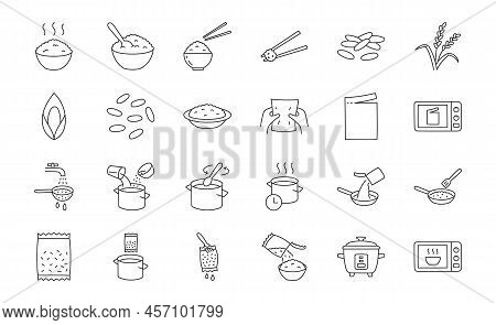 Rice Doodle Illustration Including Icons - Bowl, Japanese Food, Chopsticks, Squeeze, Tear Bag, Pan, 