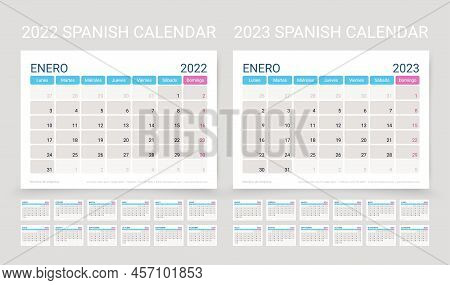Spanish Calendar For 2023 2022 Year. Planner Template. Week Starts Monday. Desk Schedule Grid. Calen