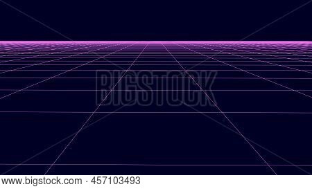 Futuristic Digital Grid Dark Blue Background. Wireframe Network Abstract Technology Line. 3D Perspec