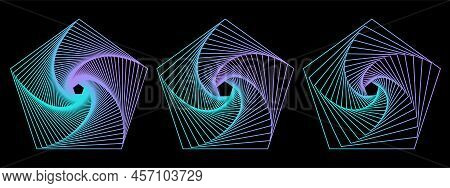 Set Of 3D Twisted Gradient Spirals. Geometry Tunnel With Lines. Abstract Technology Pentagons. Vecto