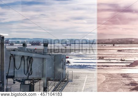 Extendable Telescopic Gangway At The Airport To The Plane On The Runway With A Metal Ladder On A Col