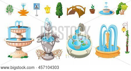Fountains Cartoon Set. Outdoor Gardening Decorative Symbols Nature Water Fountains Vector Collection