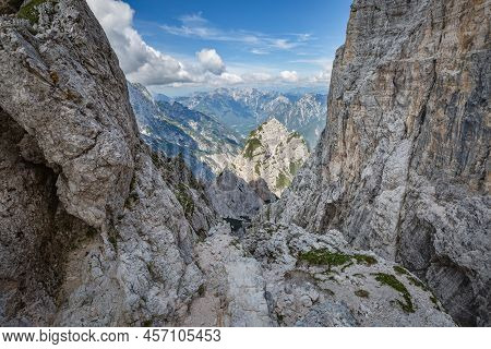 Beautiful Nature. Mountain Hiking Trail Road. Italy Malga Montasio Forca Disteis