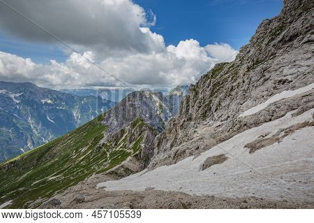 Beautiful Nature. Mountain Hiking Trail Road. Italy Malga Montasio Forca Disteis
