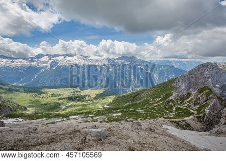 Beautiful Nature. Mountain Hiking Trail Road. Italy Malga Montasio Forca Disteis