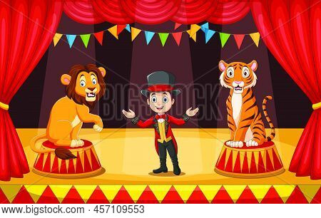 Vector Illustration Of Cartoon Circus Performers With Tamer And Animals On Circus Arena