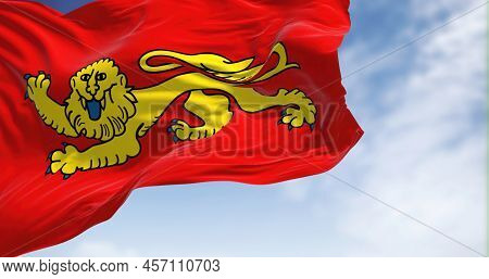 View Of The Aquitaine Flag Waving In The Wind On A Clear Day. Aquitaine Is A Historical Region Of So