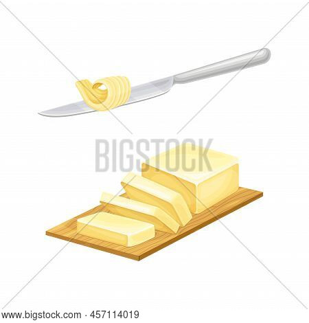 Sliced Piece Of Butter And Knife With Butter Curl Vector Illustration