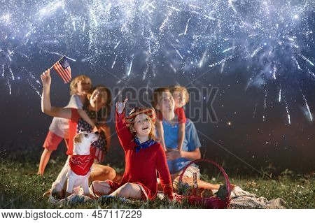 American Family Celebrating Independence Day. Picnic And Fireworks On 4th Of July In America. Usa Fl