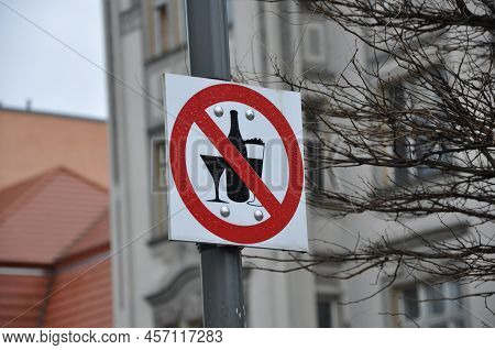 Prohibitory Road-sign No Alcohol Sign Black Pictogram With Diagonal Red Line And Red Edging On White