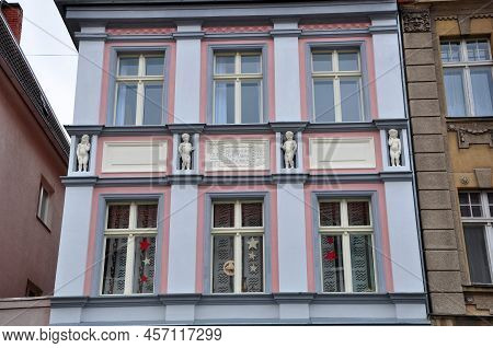 Guben, Germany - January 5, 2013: Architectural Detail Of Old Building Facade Exterior With Inscript