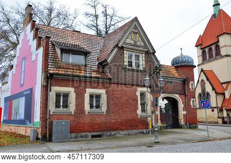 Guben, Germany - January 5, 2013: Old House With Gate Exterior Architectural Monument.