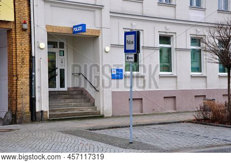 Guben, Germany - January 5, 2013: Entrance To Police Station Building Facade Exterior Architecture.