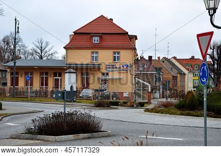 Guben, Germany - January 5, 2013: Volksbank Bank Building Facade Exterior On Town Street.