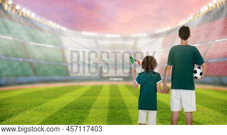 Mexico Football Supporter On Stadium. Mexican Fans On Soccer Pitch Watching Team Play. Group Of Supp