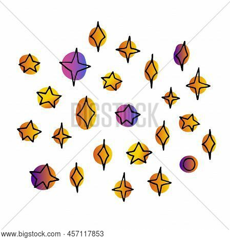 Line Doodle Space Set. Hand-drawn Star Isolated On White Background. Color Astronomical Object. Univ
