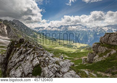 Beautiful Nature. Mountain Hiking Trail Road. Italy Malga Montasio Forca Disteis