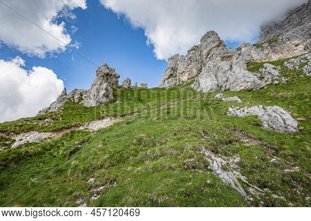 Beautiful Nature. Mountain Hiking Trail Road. Italy Malga Montasio Forca Disteis