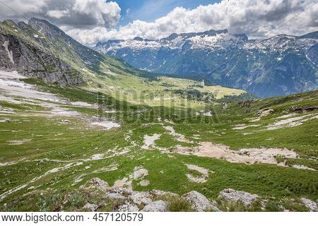 Beautiful Nature. Mountain Hiking Trail Road. Italy Malga Montasio Forca Disteis