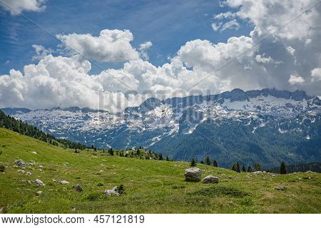 Beautiful Nature. Mountain Hiking Trail Road. Italy Malga Montasio Forca Disteis
