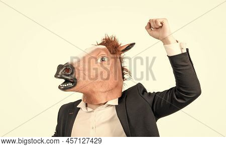 Hardworking Professional. Hardworking Man. Businessman In Horse Head And Suit. Workhorse