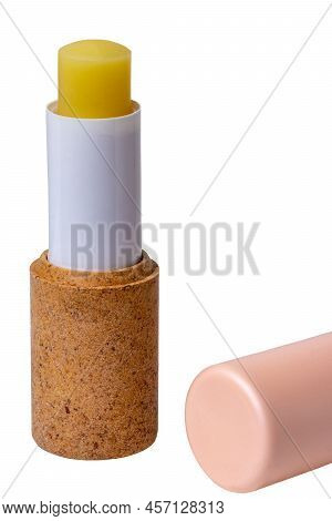 Lip Balms. Close-up Of A Pink Brown Lip Care Stick Or Chapstick Isolated On A White Background. Macr