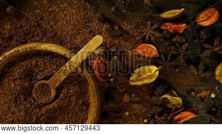Cinnamon Ground Sticks Ceremony Cocoa Cloves Ground Coffee Spices On Wooden Table Closeup