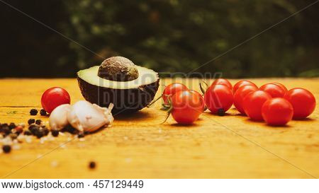 Vegetables With Fresh Organic Fruits And Vegetable Food. Healthy Diet Rustic Farmhouse Style Homemad