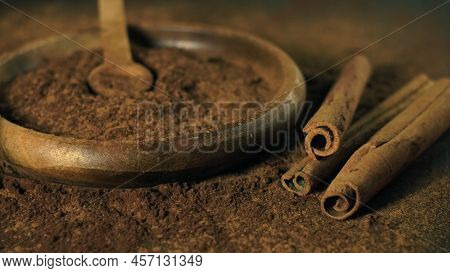 Cinnamon Ground Sticks Ceremony Cocoa Cloves Ground Coffee Spices On Wooden Table Closeup