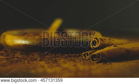 Cinnamon Ground Sticks Ceremony Cocoa Cloves Ground Coffee Spices On Wooden Table Closeup
