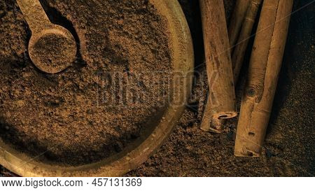 Cinnamon Ground Sticks Ceremony Cocoa Cloves Ground Coffee Spices On Wooden Table Closeup