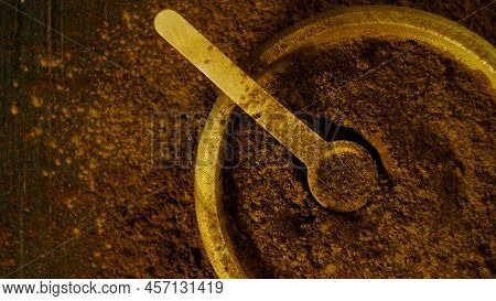 Cinnamon Ground Sticks Ceremony Cocoa Cloves Ground Coffee Spices On Wooden Table Closeup