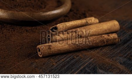 Cinnamon Ground Sticks Ceremony Cocoa Cloves Ground Coffee Spices On Wooden Table Closeup